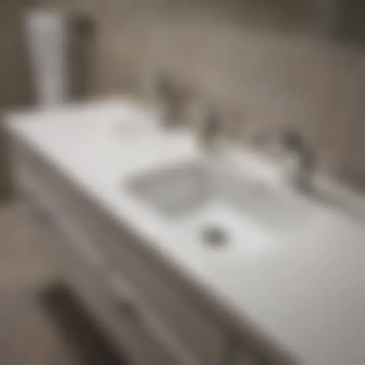 Close-up of plumbing fixtures and vanity materials in a modern bathroom setting.