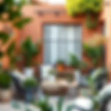 Stylish patio decorated with various faux plant types