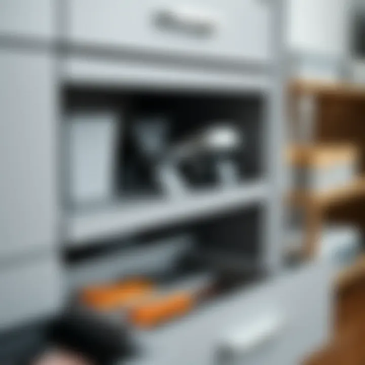 Functional Organization in Grey Drawers Detailed view of organisation within a grey 6 drawer unit