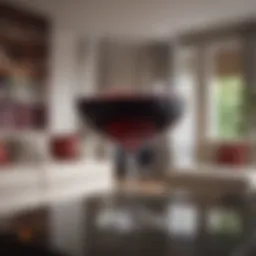 A contemporary living room featuring a giant wine glass as a centerpiece.