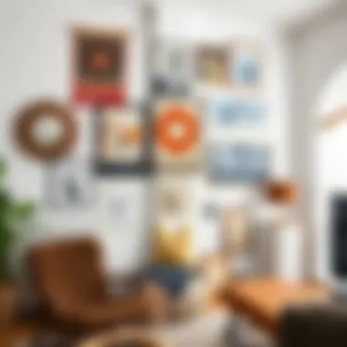 An eclectic mix of wall art, including textiles and mixed media pieces, adding character to the space