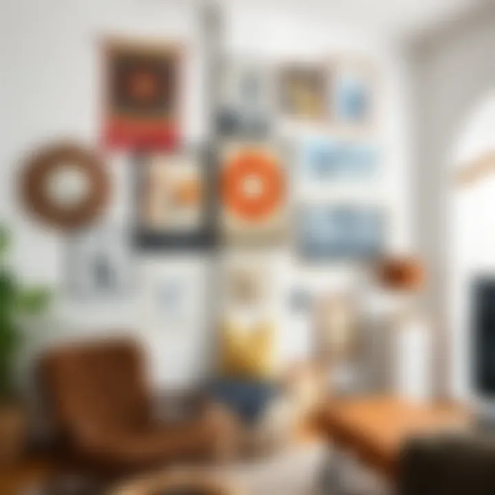 An eclectic mix of wall art, including textiles and mixed media pieces, adding character to the space