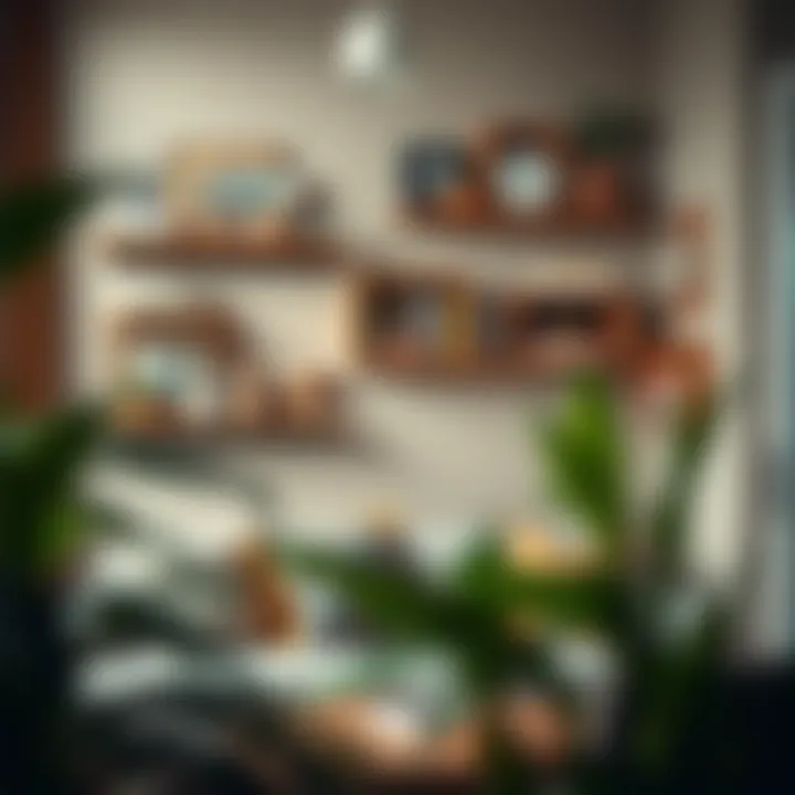 A cozy reading nook adorned with unique wall-mounted shelves and decorative items