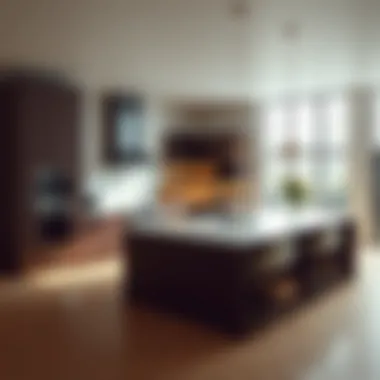 Open layout showcasing an L-shaped kitchen with an island