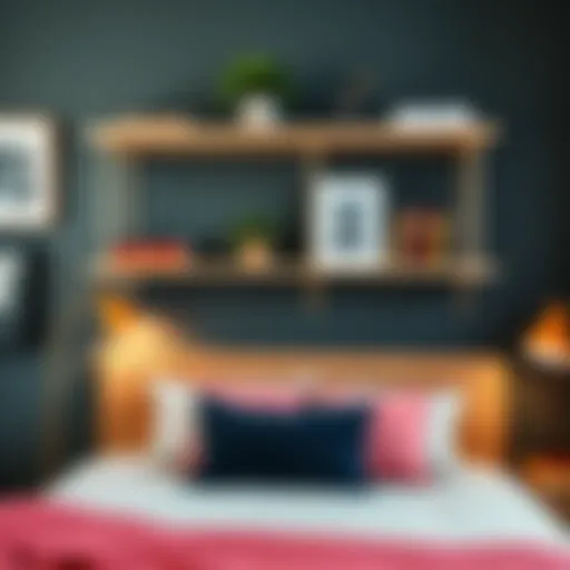 Creative shelving options above a bed for maximizing storage