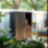 Elegant outdoor metal storage unit in a lush garden setting