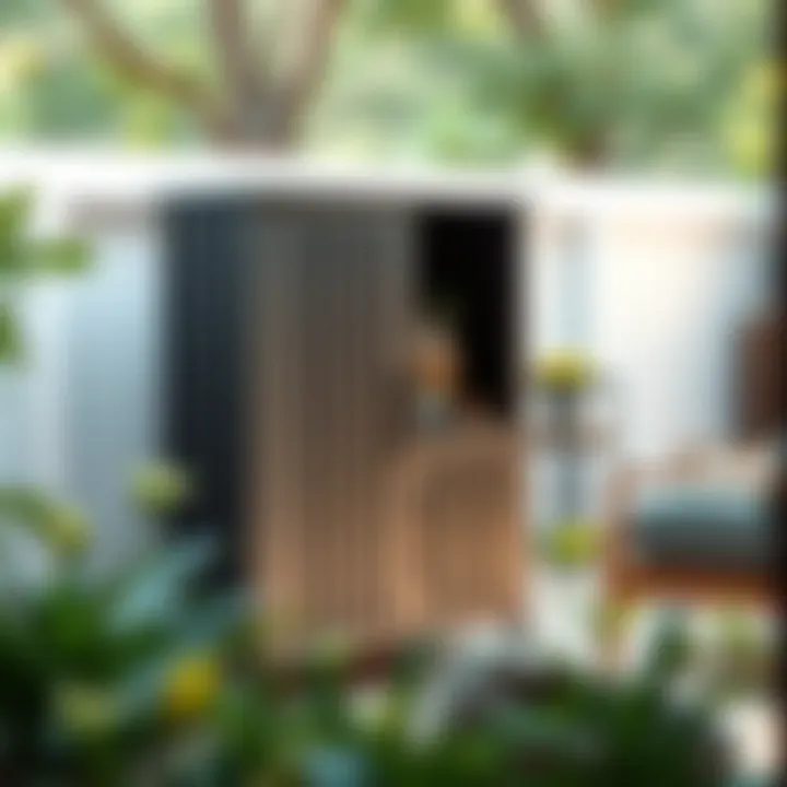 Elegant outdoor metal storage unit in a lush garden setting