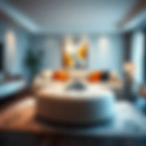 Elegant living room featuring a modern pillow top ottoman as a centerpiece.