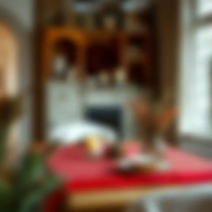 Cozy dining setup featuring red buffalo plaid table cloth with decorative elements