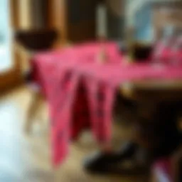 Elegant red buffalo plaid table cloth draped on a rustic wooden table