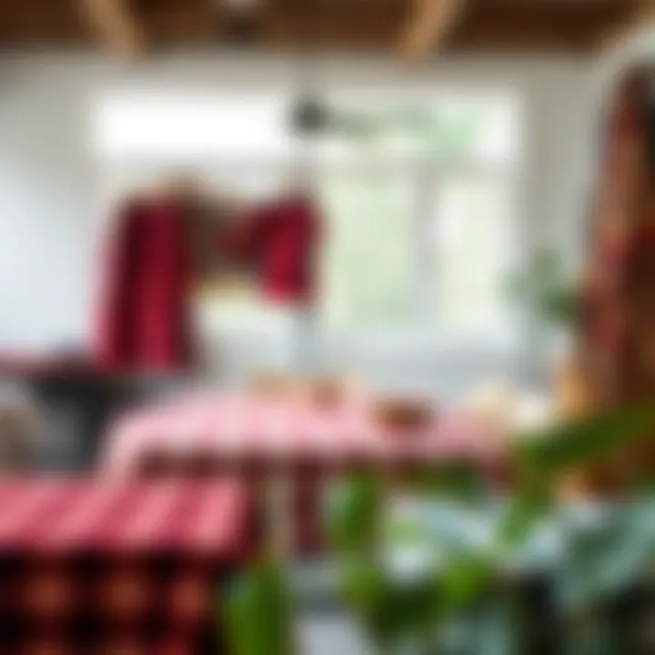 A variety of red buffalo plaid table cloths displayed in a home decor setting