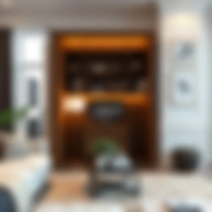 Contemporary living space enhanced by a fold-out table armoire