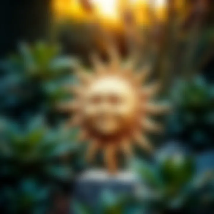 An elegant outdoor sun sculpture surrounded by lush greenery.