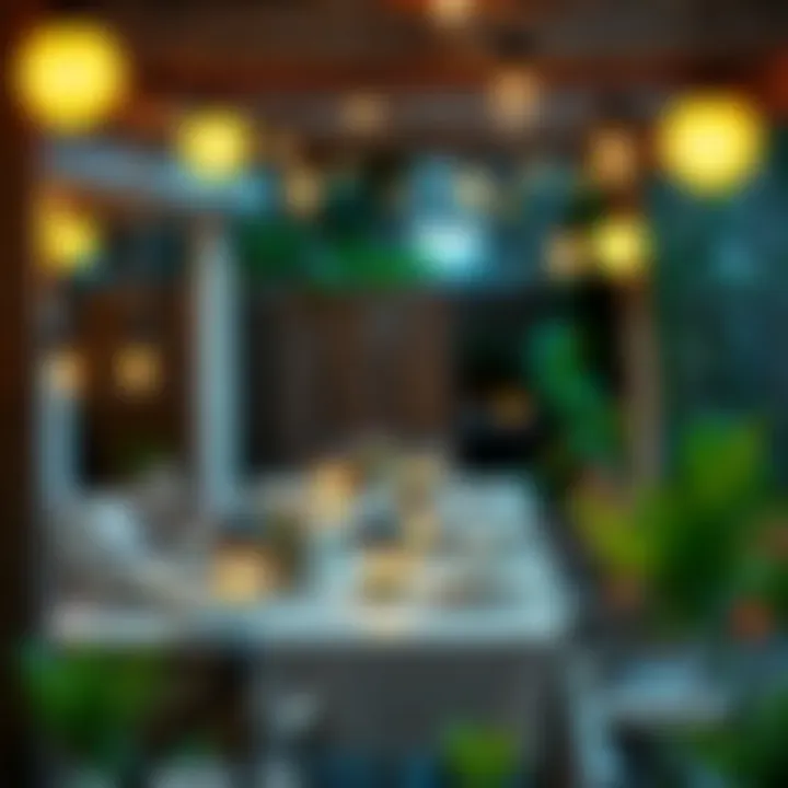 An outdoor dining area adorned with various sun-powered lanterns creating a cozy atmosphere