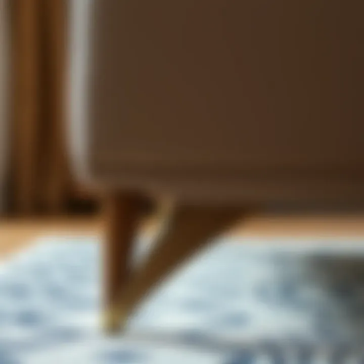 Close-up of stylish couch leg design and materials.