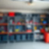 A sleek garage displaying modern Target shelves elegantly organized with various tools and storage bins.