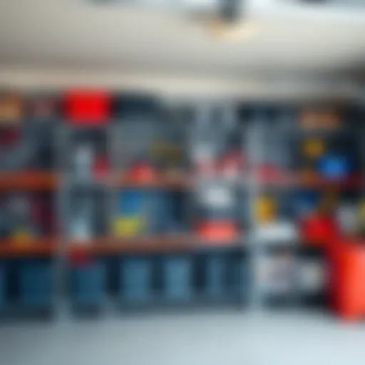 A sleek garage displaying modern Target shelves elegantly organized with various tools and storage bins.