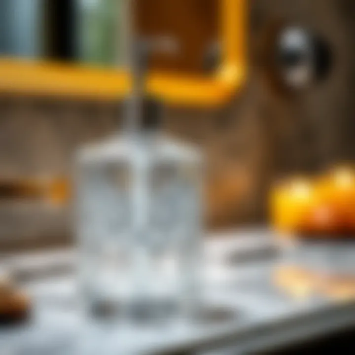 Close-up of a glass soap dispenser with intricate design