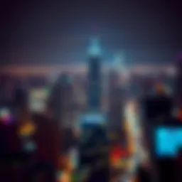 A stunning urban skyline illuminated at night with vibrant lights
