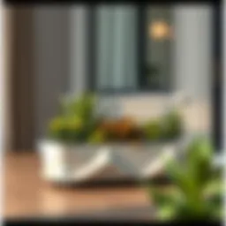 Modern low planter box designed with geometric patterns and vibrant plants