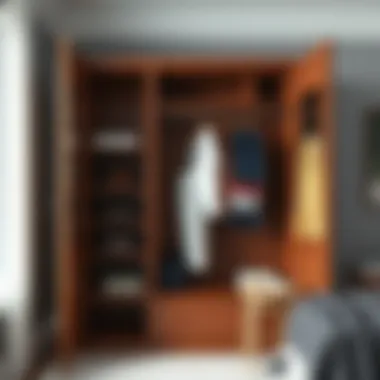 A spacious armoire with open shelving and clothing hanging