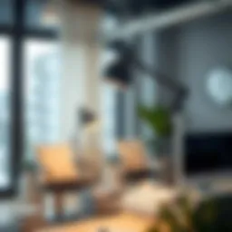 Close-up of a stylish clamp lamp in a workspace