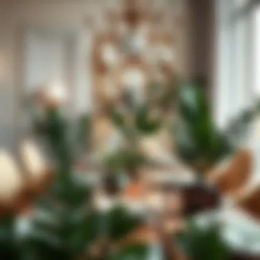 Elegant dining area featuring artificial plants as centerpieces