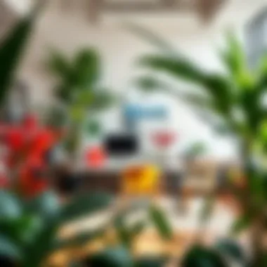 Stylish Office Space with Vibrant Fake Foliage Stylishly decorated office space enhanced by vibrant fake foliage