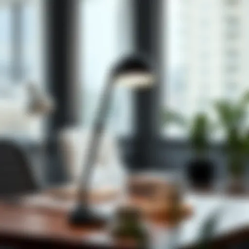 Elegant Black Desk Lamp in a Contemporary Office Setting Sleek black desk lamp illuminating a modern workspace