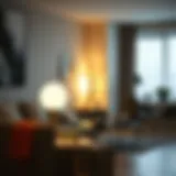 Contemporary living room illuminated by stylish fluorescent table lamp