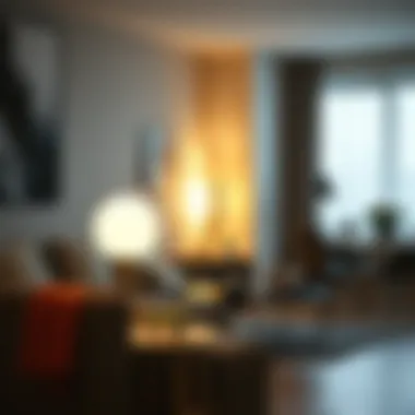 Contemporary living room illuminated by stylish fluorescent table lamp