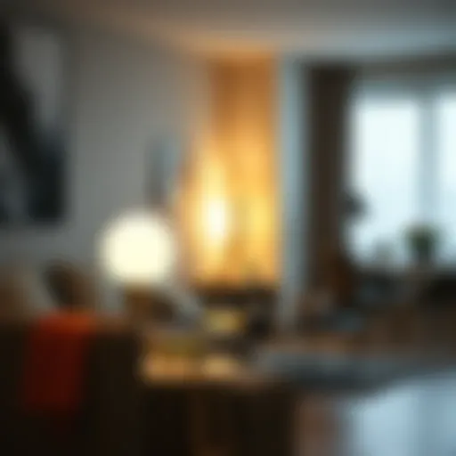 Contemporary living room illuminated by stylish fluorescent table lamp