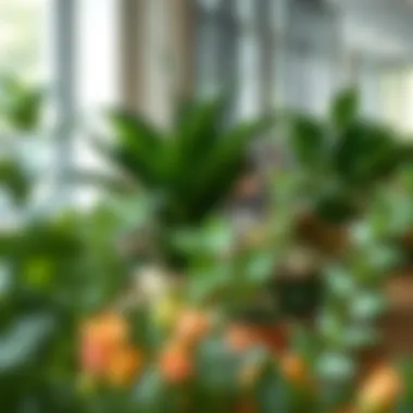 Artistic display of various artificial plants in a stylish office environment.