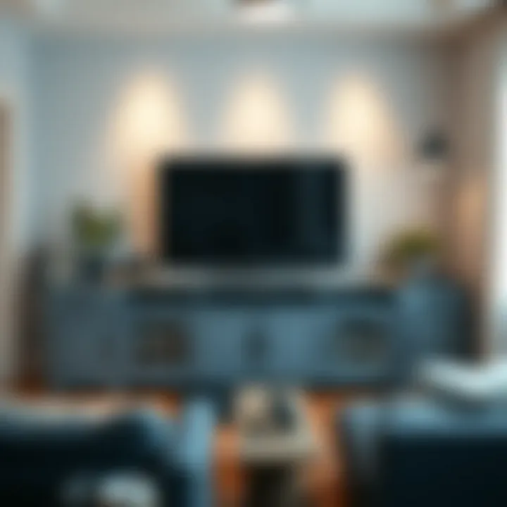 Interior design layout featuring blue gray TV stand