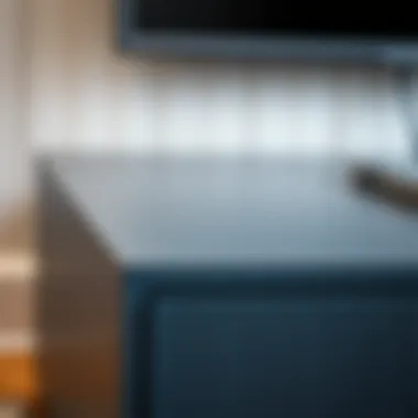 Close-up of blue gray TV stand showcasing material texture