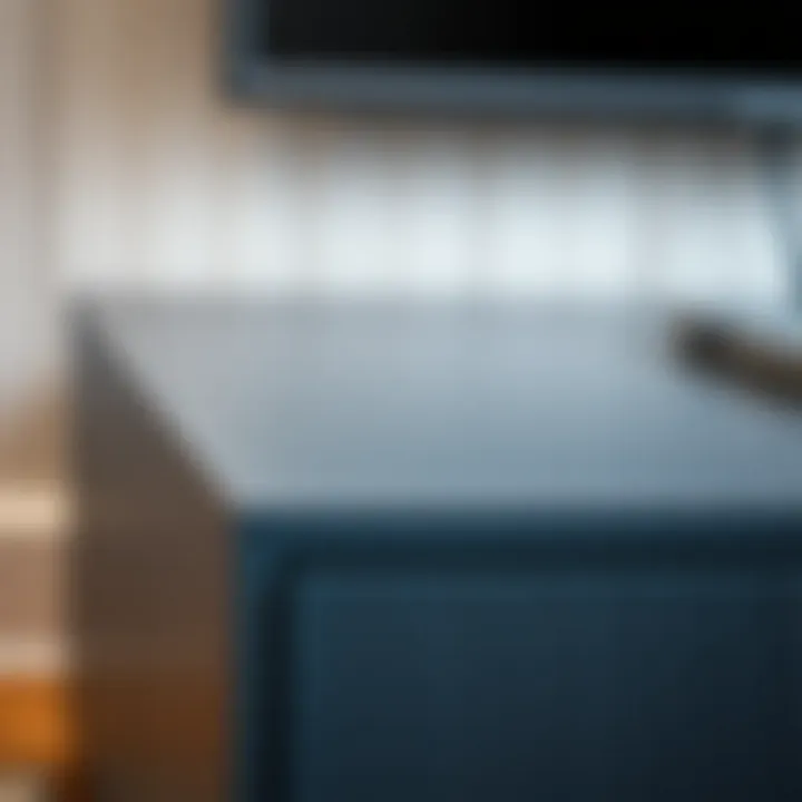 Close-up of blue gray TV stand showcasing material texture