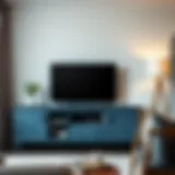Stylish blue gray TV stand in contemporary living room