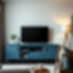 Stylish blue gray TV stand in contemporary living room