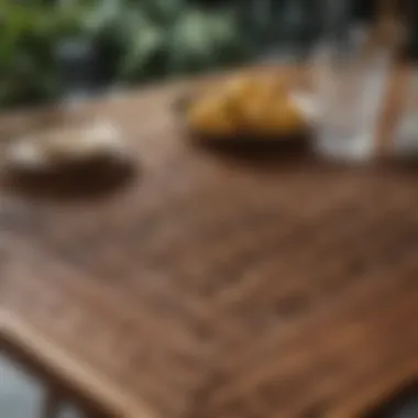 Close-up of a brown rattan patio table showcasing its intricate weaving and texture.