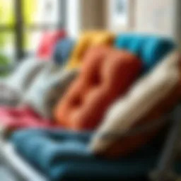 A vibrant collection of swing seat pads showcasing various materials and textures.