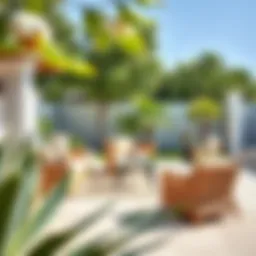 Elegant tan rattan patio furniture in a serene outdoor setting